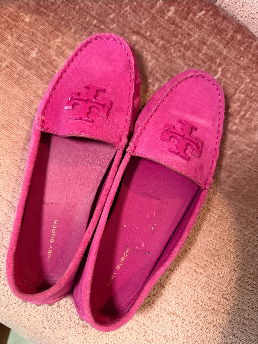 Tory Burch Hot Pink Suede Logo Driving Loafers